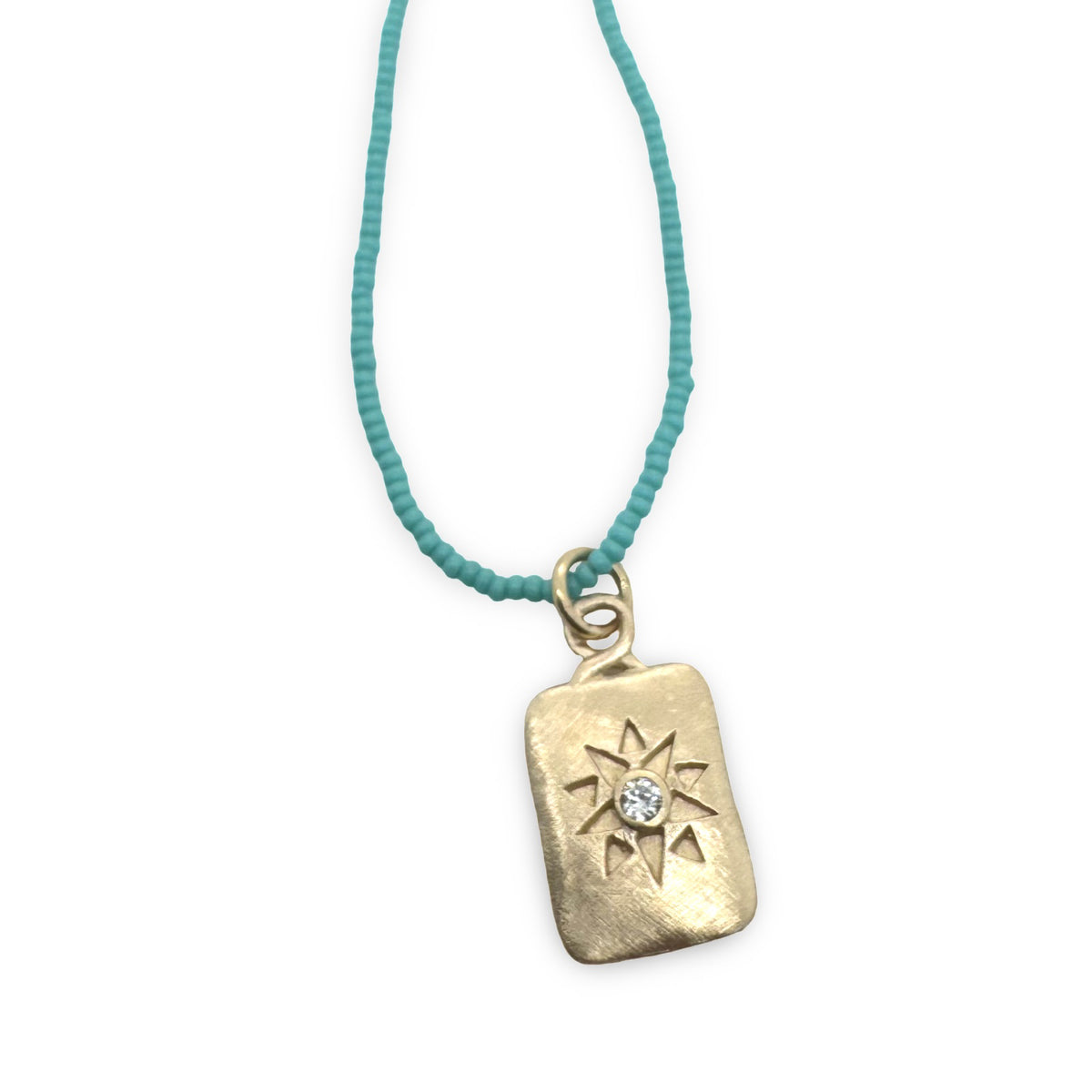 14K Gold Star Imprint Necklace Dog Tag on Micro Turquoise Beads