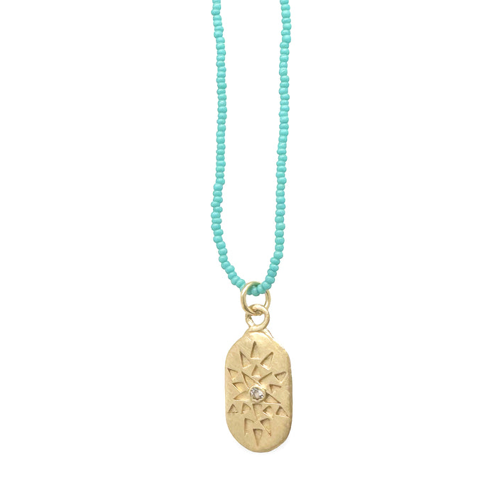 14K Gold Star Imprint Necklace with on Micro Turquoise Beads