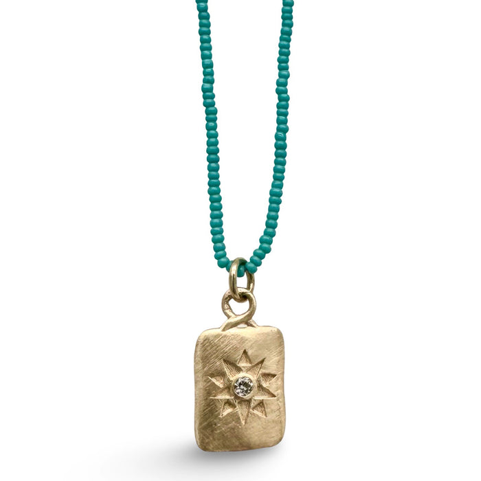 14K Gold Star Imprint Necklace Dog Tag on Micro Turquoise Beads