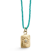 14K Gold Star Imprint Necklace Dog Tag on Micro Turquoise Beads