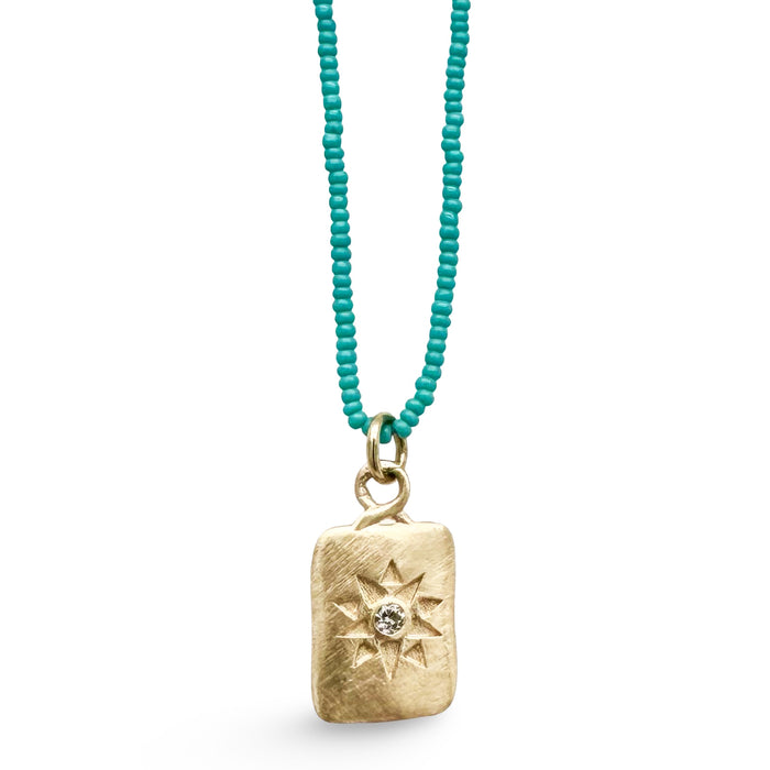 14K Gold Star Imprint Necklace Dog Tag on Micro Turquoise Beads