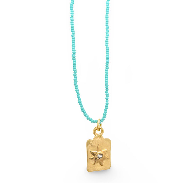 MINI DOGTAG WITH STAR NECKLACE IN 14K GOLD ON MICRO TURQUOISE BEADS