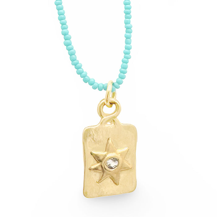 MINI DOGTAG WITH STAR NECKLACE IN 14K GOLD ON MICRO TURQUOISE BEADS