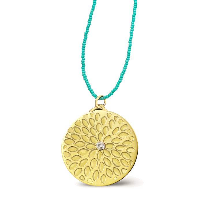 FLOWER POWER NECKLACE IN GOLD ON TURQUOISE BEADS