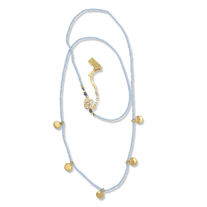 Dot Necklace in Gold on Baby Blue Beads By Keely Smith Jewelry Designs