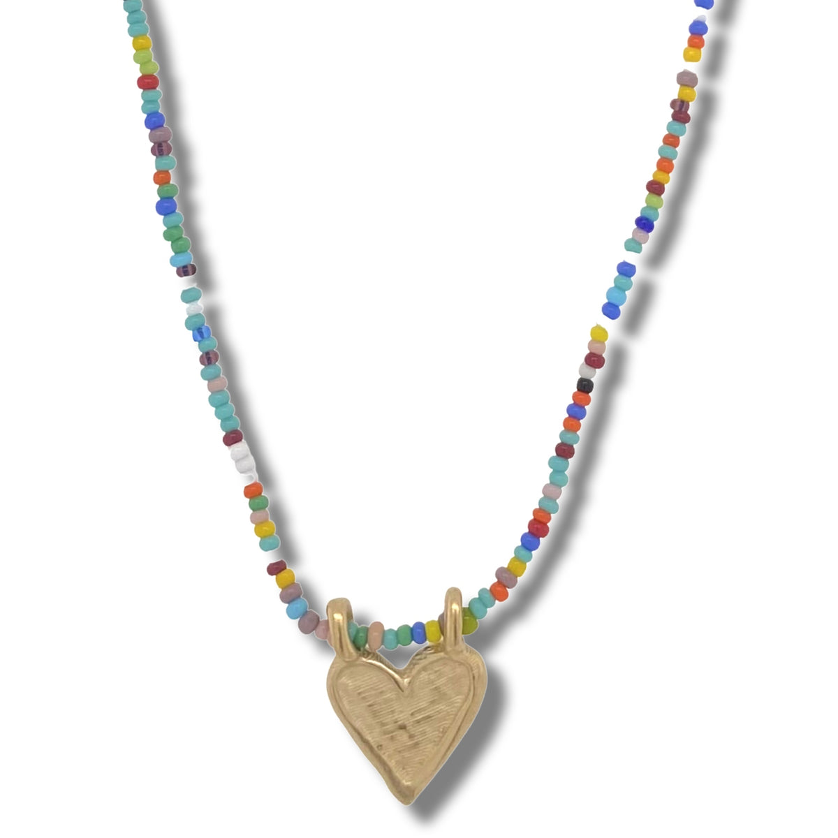 MINI HEART CHARM NECKLACE IN GOLD ON MULTI COLOR BEADS