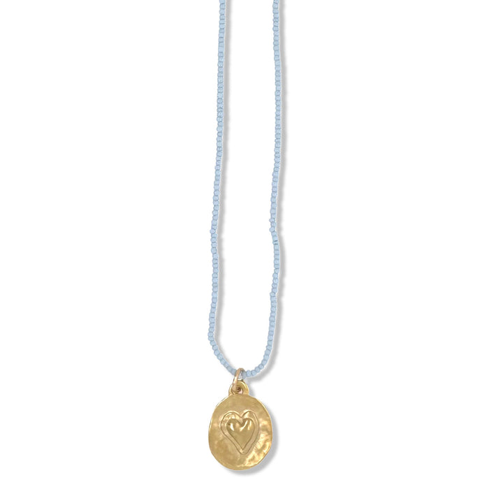 Mini Heart Imprint Necklace in Gold on Baby Blue Beads By Keely Smith Jewelry Designs
