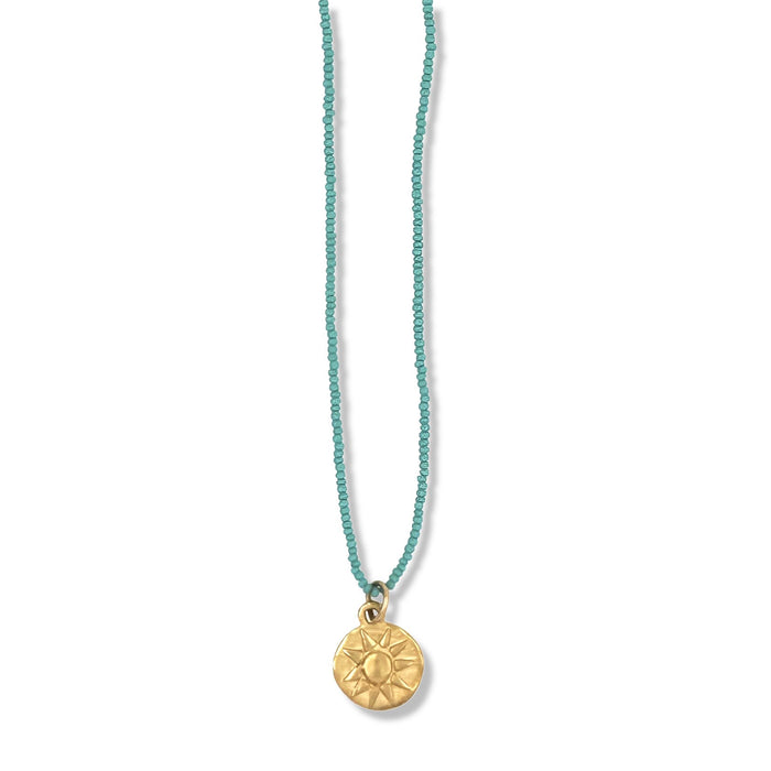 MINI SUN PRINT NECKLACE IN GOLD ON TURQUOISE BEADS