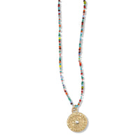Small sol necklace in gold on multi color beads by Keely Smith jewelry Designs