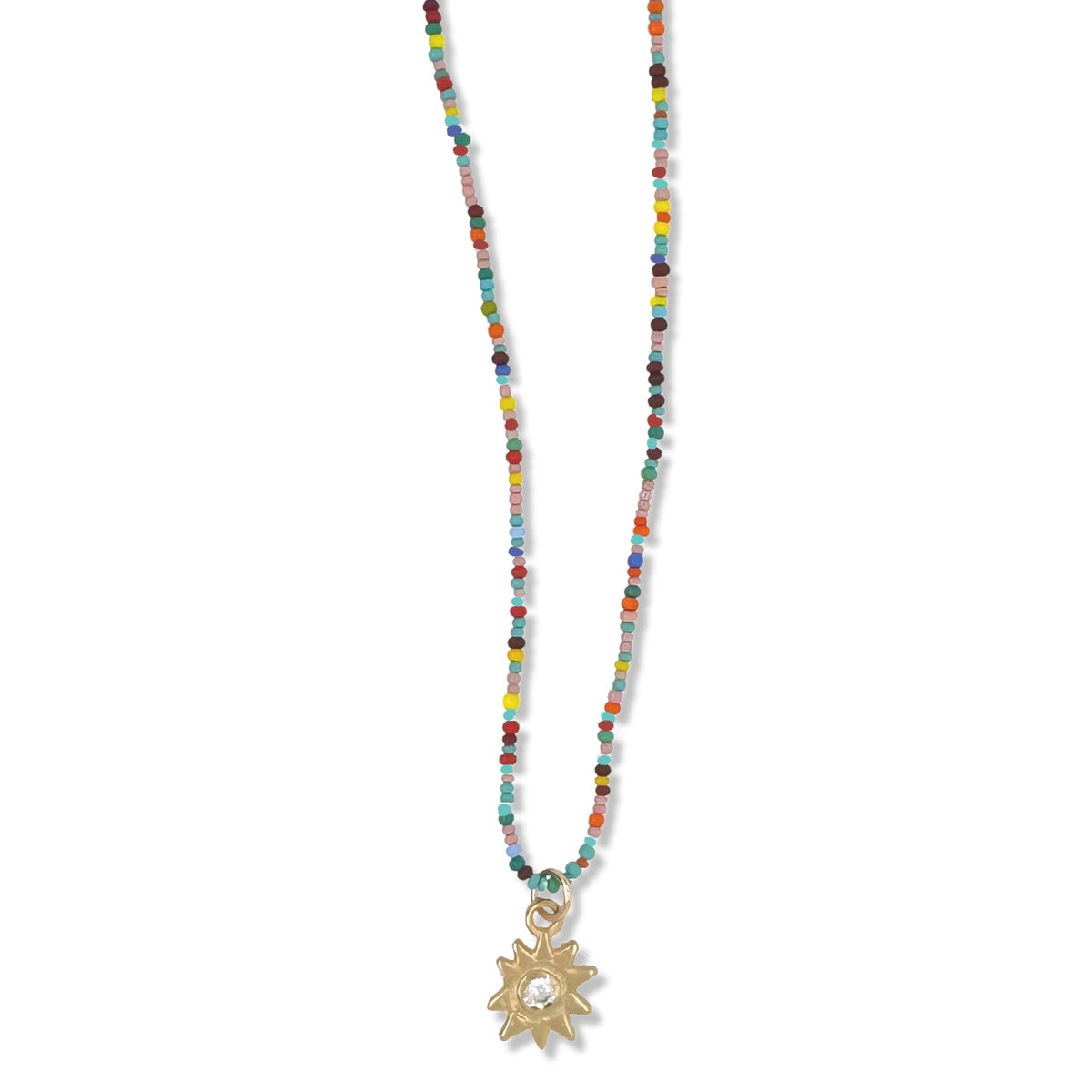 Night Star Necklace in gold on multi color beads by Keely SMith Jewelry Designs