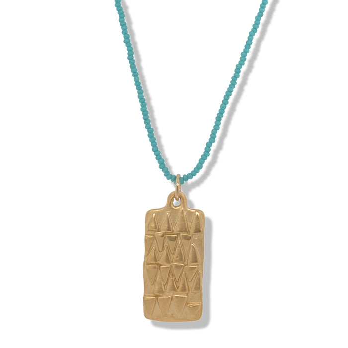 TRIBAL VERTICAL TAG NECKLACE IN GOLD ON TURQUOISE BEADS | KSD JEWELRY