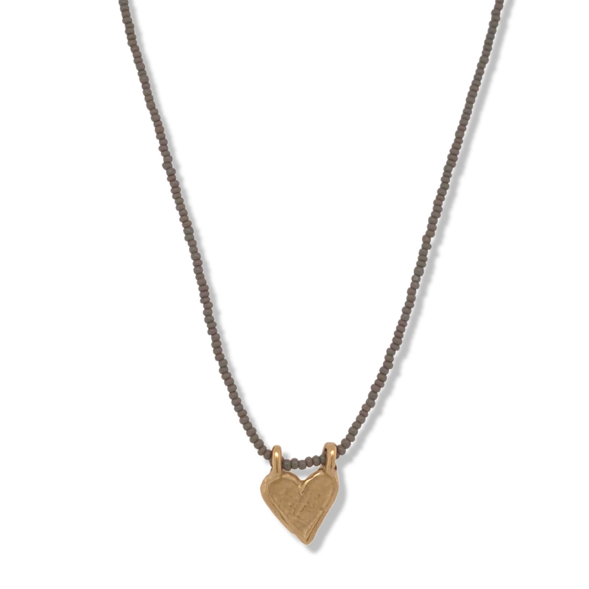 Mini Heart Charm Necklace in Gold on Micro Charcoal Beads | Keely Smith Jewelry | Nantucket