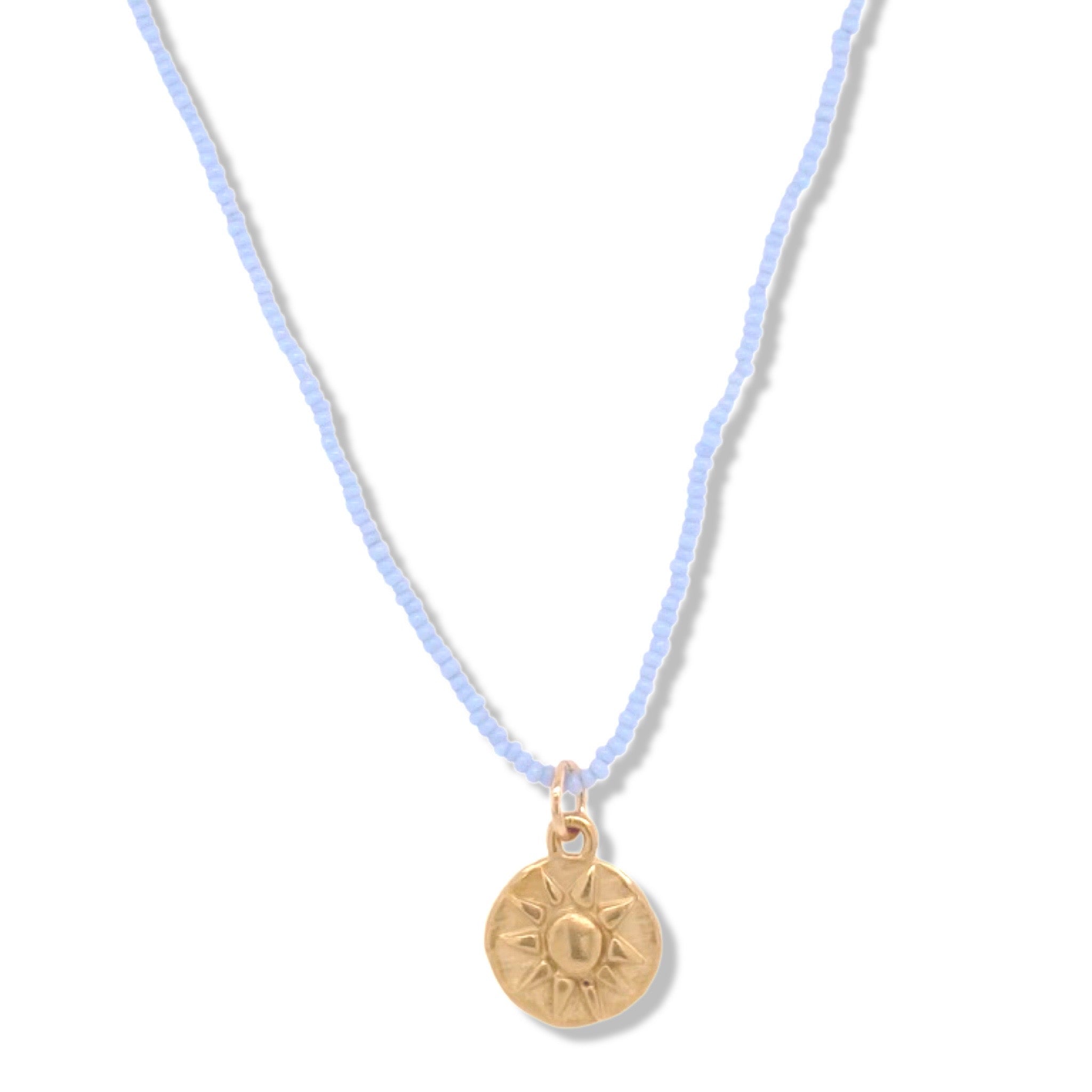 MINI SUN PRINT NECKLACE IN GOLD ON BABY BLUE BEADS