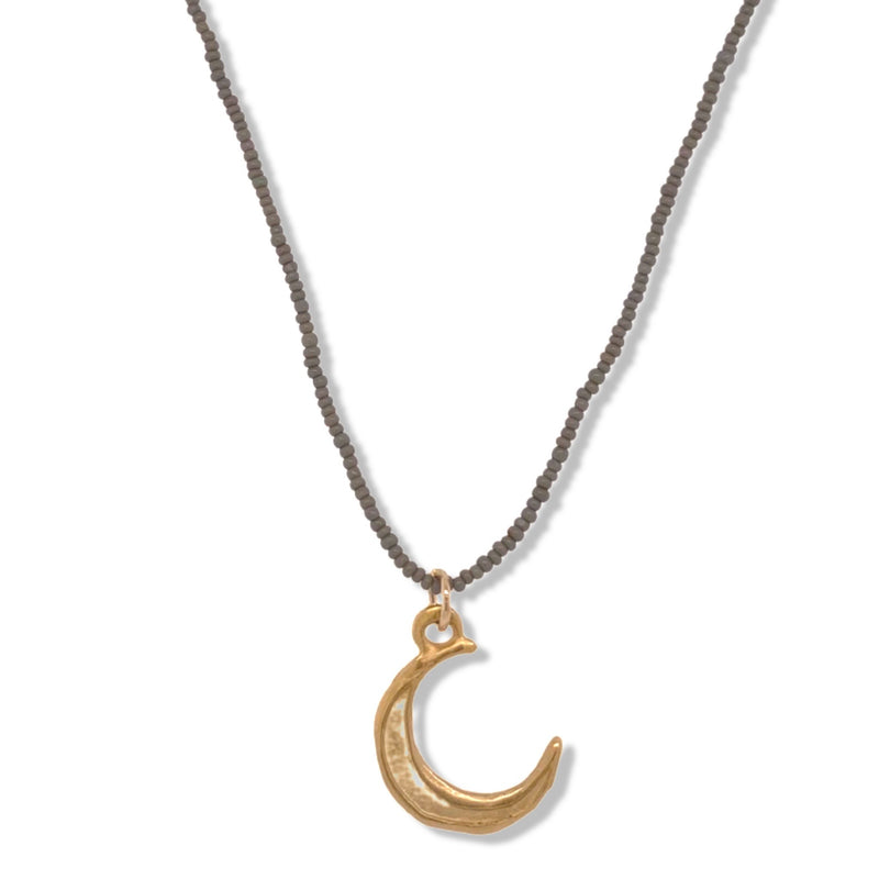 Moon Charm Necklace in Gold on Charcoal Tiny Beads | Keely Smith Jewelry | Nantucket