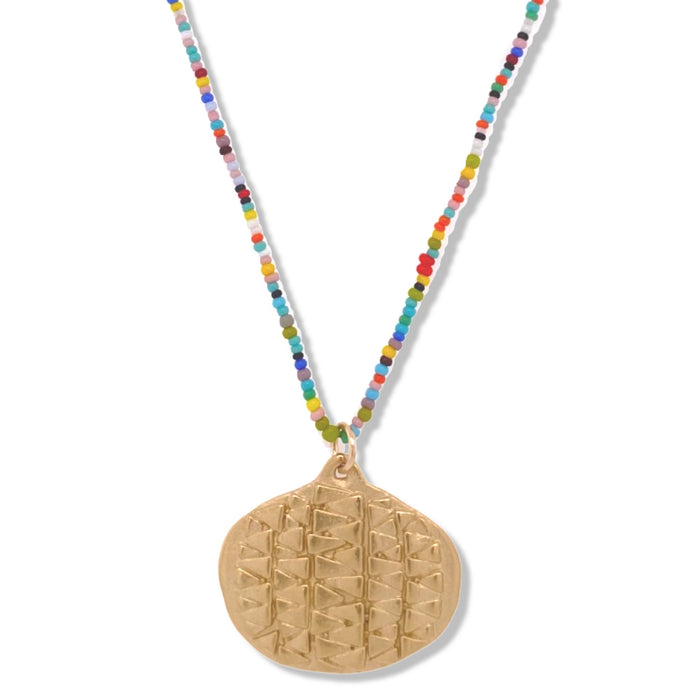 Tribal Wide Oval Necklace in Gold on multi Color Tiny Beads | Keely Smith Jewelry 